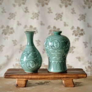 Korean Traditional Handmade Celadon Vase Set with Inlaid Pattern of Crane and Cloud (청자 상감 운학문 매병,주병)