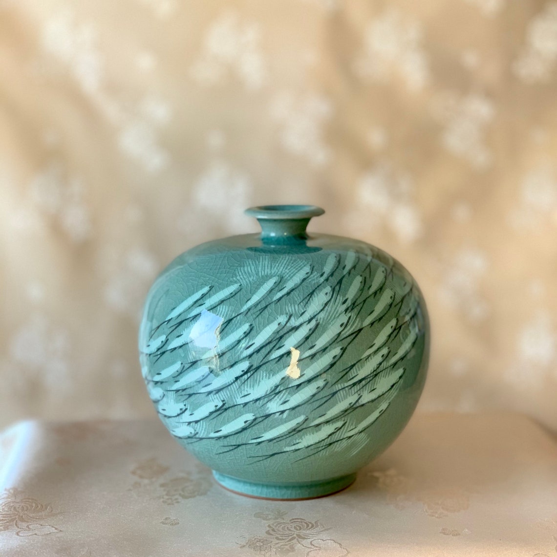 Korean traditional Celadon vase with white fish Etsy