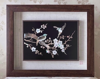 Beautiful Korean Traditional Handmade Mother of Pearl Artwork Frame with Plum Blossom and Bird Design in Original Shell (자개 원패 매조문 액자)