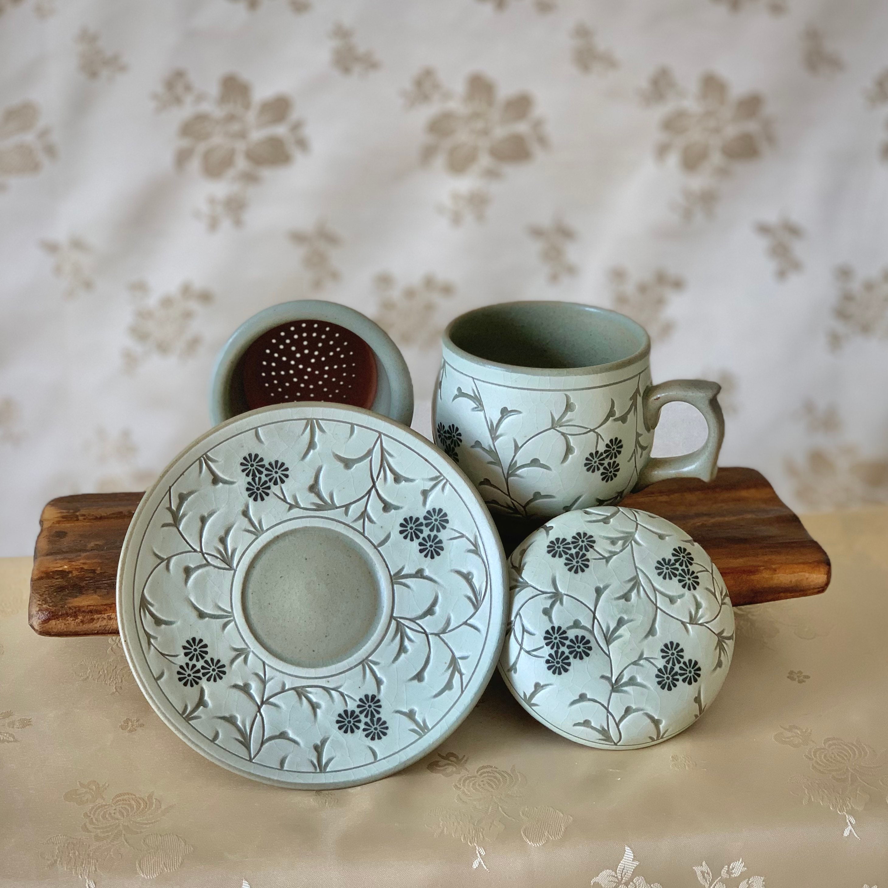 Korean Traditional Tea Cup Set With Plate Blue Flowers Etsy UK