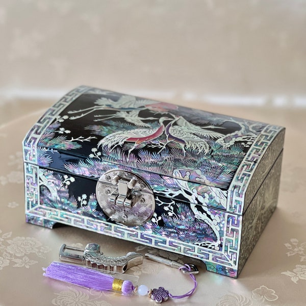 Korean Mother of Pearl Jewelry Box, Lacquer Chest, Crane Pine Inlay, Asian Decor