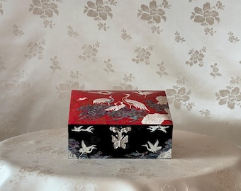 Korean Mother-of-Pearl Jewelry Box: Pine Tree and Crane Motif on Red Silk Body