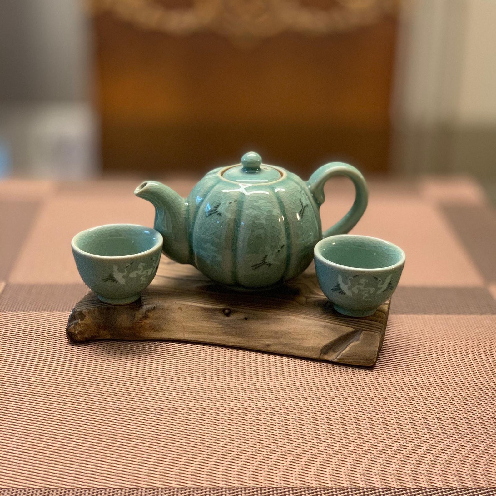 Korean traditional Celadon tea pot and cups set cranes Etsy