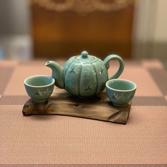 Graceful Korean Handmade Celadon Pumpkin-shaped Teapot and Graceful Korean Handmade Celadon Pumpkin-shaped Teapot and