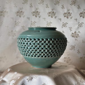 Korean Celadon Double Wall Openwork Vessel (Danji): Inlaid Crane and Cloud Motif