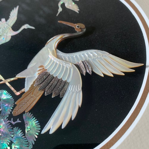 Unique handmade Korean traditional craftwork made of shops Mother of Pearl with cranes in wooden frame