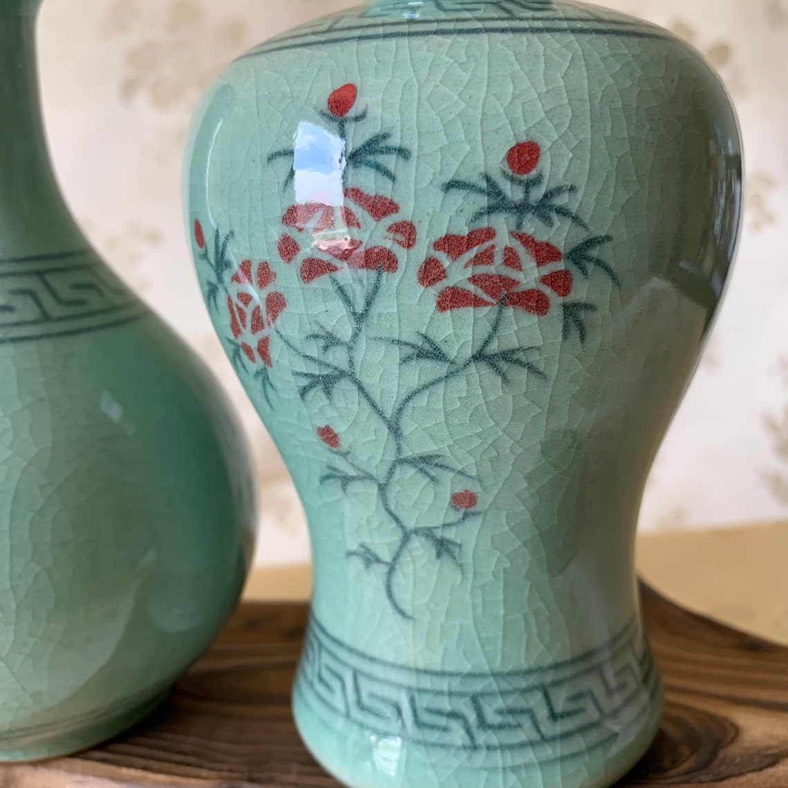 Korean Traditional Celadon Vase Set With Red Flowers Etsy UK