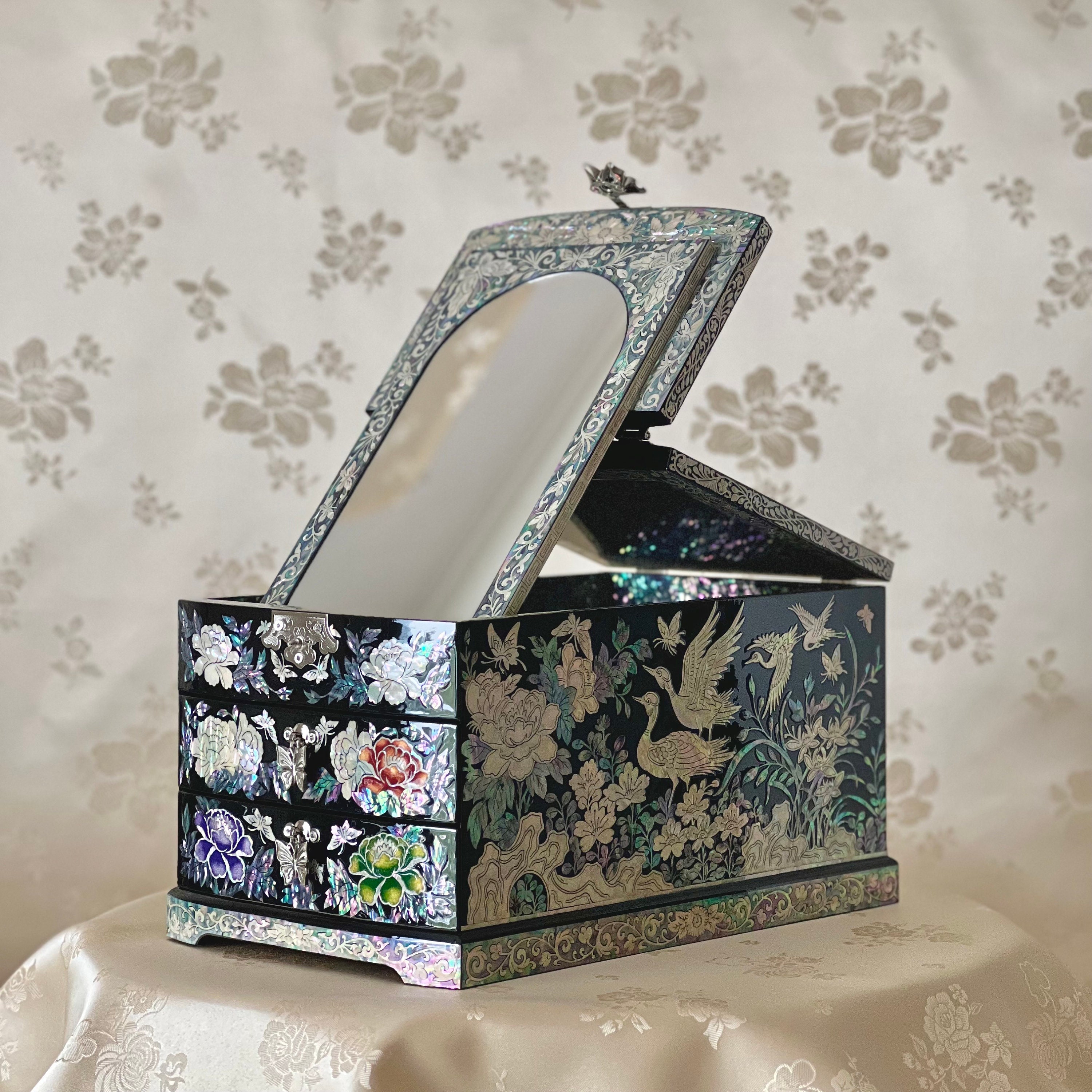 Luxurious Korean Traditional Mother of Pearl Jewelry Box With Mirror Stand and Pattern of Peony Butterfly Crane Etsy Canada