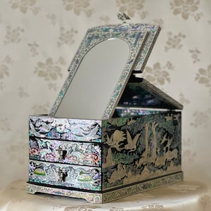 Luxurious Korean Traditional Handmade Mother of Pearl Jewelry Box with Mirror Stand and Pattern of Longevity Symbols (자개 장생문 경대함)