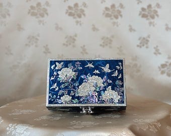 Korean Mother-of-Pearl Jewelry Box: Peony and Butterfly on Navy Hanji