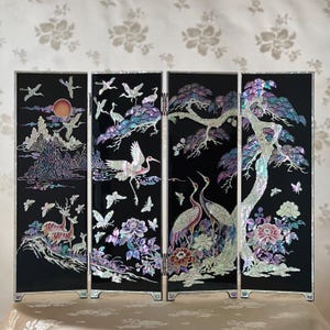 Korean Handmade Mother of Pearl Folding Screen: 4-Panel with Longevity Symbols Motif
