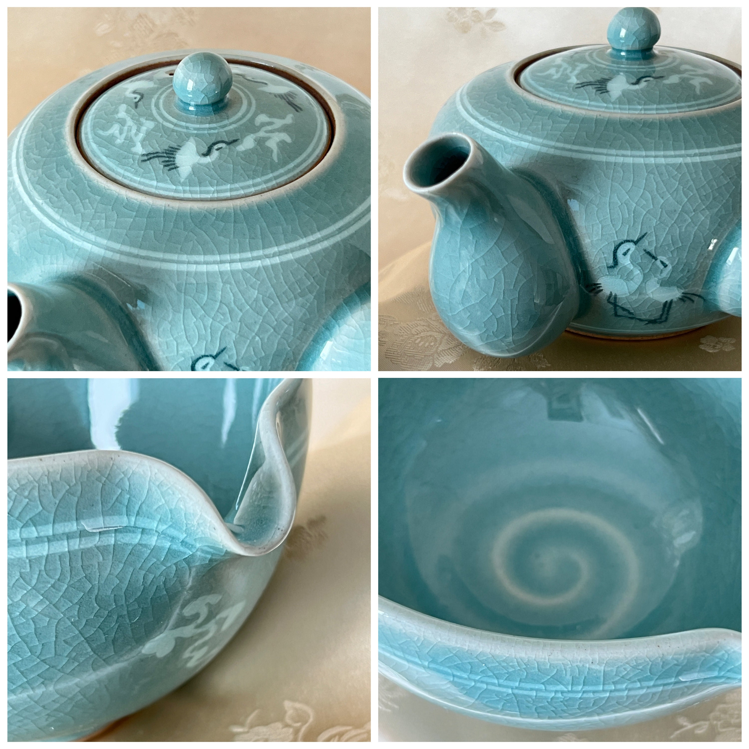 韓国青磁茶器（茶器）：象嵌入り鶴と雲のモチーフ、5人用セット - Etsy