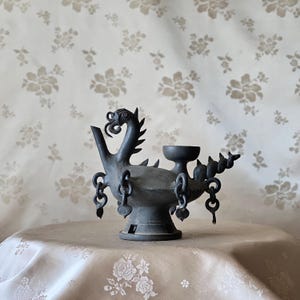 Può includere: Un bruciatore di incenso a forma di drago grigio scuro con un beccuccio, un portacandele e catene decorative. Il bruciatore è in metallo e poggia su un tavolo con una tovaglia a motivi floreali. Lo sfondo ha un motivo floreale.