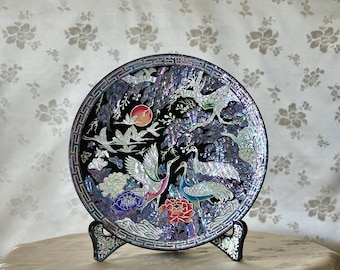 Stunning Large Korean Traditional Mother of Pearl Handmade Plate with Peony, Pine and Crane Pattern (자개 목단 송학문 접시)