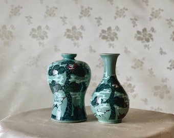 Korean Traditional Handmade Celadon Vase Set with Pine Tree and Crane Pattern (청자 양각 송학문 매병,주병)