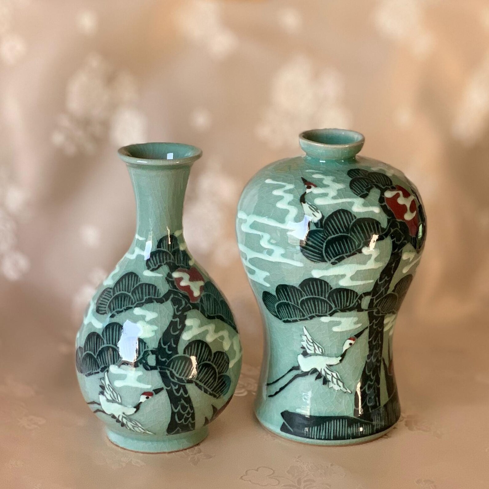 Korean Traditional Celadon Vase Set With Pine Trees Etsy