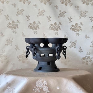 Può includere: Un vaso in ceramica grigio scuro e ornato con molteplici aperture a forma di tazza. Catene decorative pendono dai lati. Il vaso è appoggiato su una tovaglia a fantasia floreale, con uno sfondo a fantasia floreale.