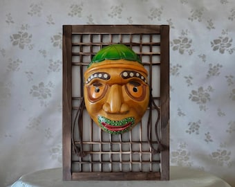 Korean Traditional Wooden Sandae Nori Mask: ‘Noon-ggoom-jjeo-ki’ Character for Wall Display