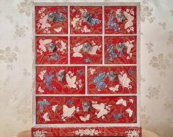 Limited Orange Silk-Layered Korean Traditional Handmade Mother of Pearl Wooden Cabinet with Butterfly Pattern (비단 금사 호접문 자개 약장)