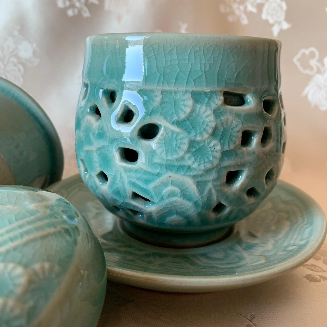Korean Traditional Celadon Double Wall Cup With Plate Sip Etsy