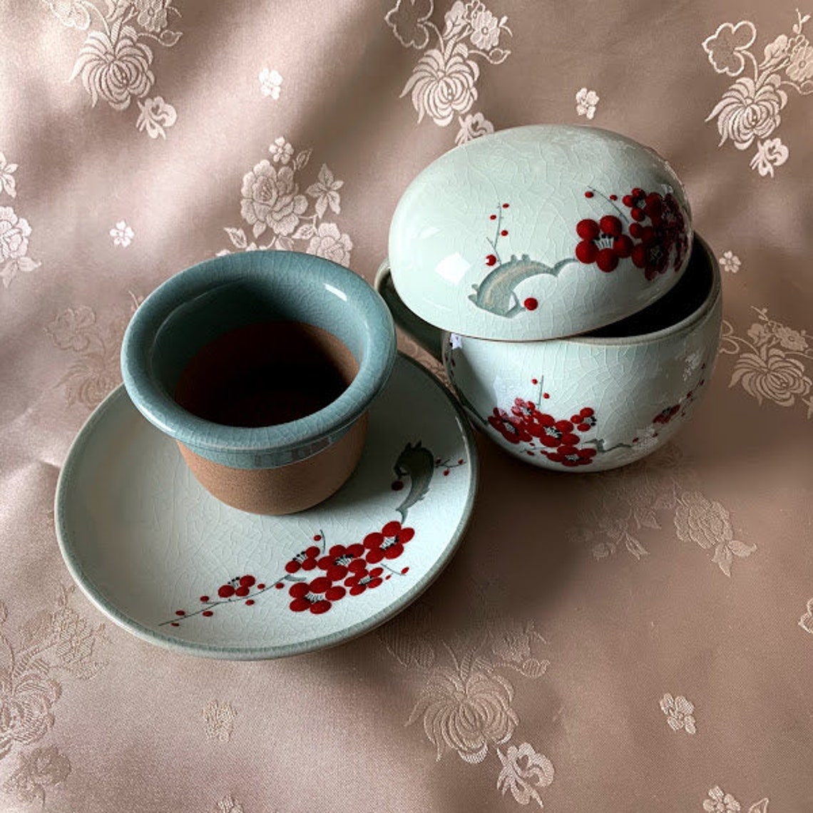 Korean traditional Celadon tea cup with plate flowers pattern Etsy