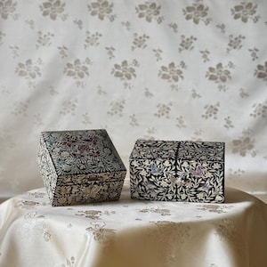 Può includere: Due scatole decorative nere con intricati disegni floreali e di farfalle. Le scatole sono impreziosite da intarsi in madreperla, che mostrano un motivo dettagliato di fiori e farfalle. Le scatole sono poste su una superficie bianca.