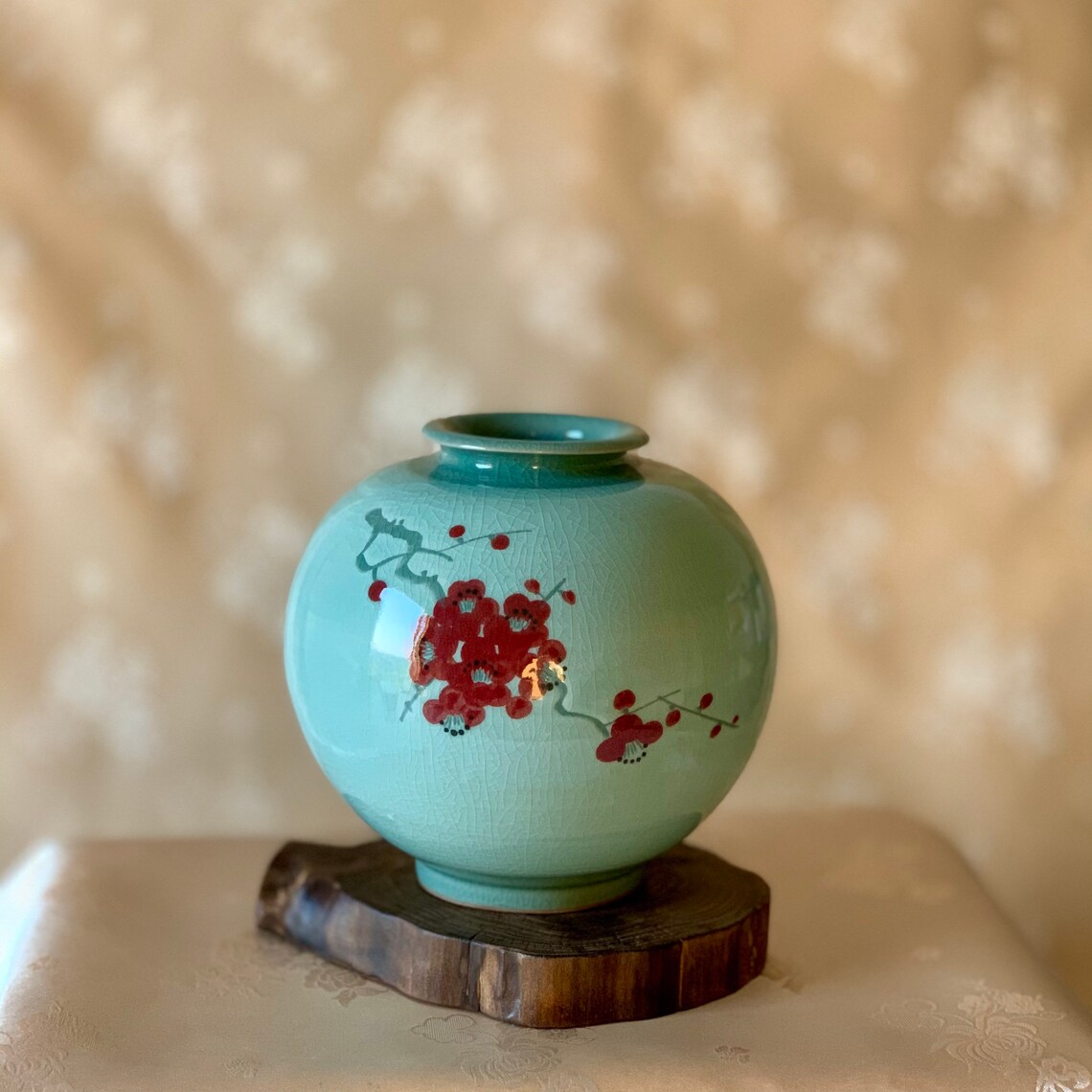 Korean traditional Celadon vase with red flower Etsy