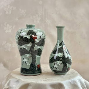 Korean Celadon Maebyeong and Jubyeong Vase Set: Embossed Longevity Motif