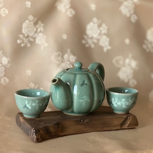 Korean Traditional Handmade Celadon Pumpkin Shape Teapot and Cups Set with Inlaid Cranes and Clouds Pattern (청자 상감 운학문 2인 다기세트)