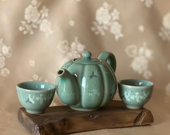 May include: A teal green ceramic teapot and two matching teacups on a wooden tray. The teapot is shaped like a gourd and has a delicate floral design. The teacups are small and round with a similar floral design.