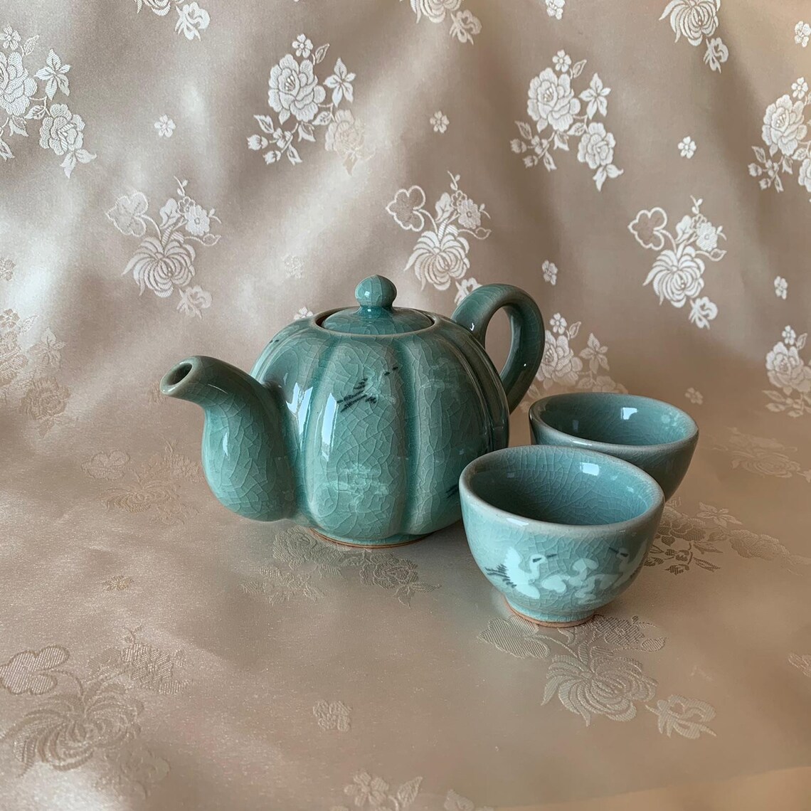 Korean traditional Celadon tea pot and cups set cranes Etsy