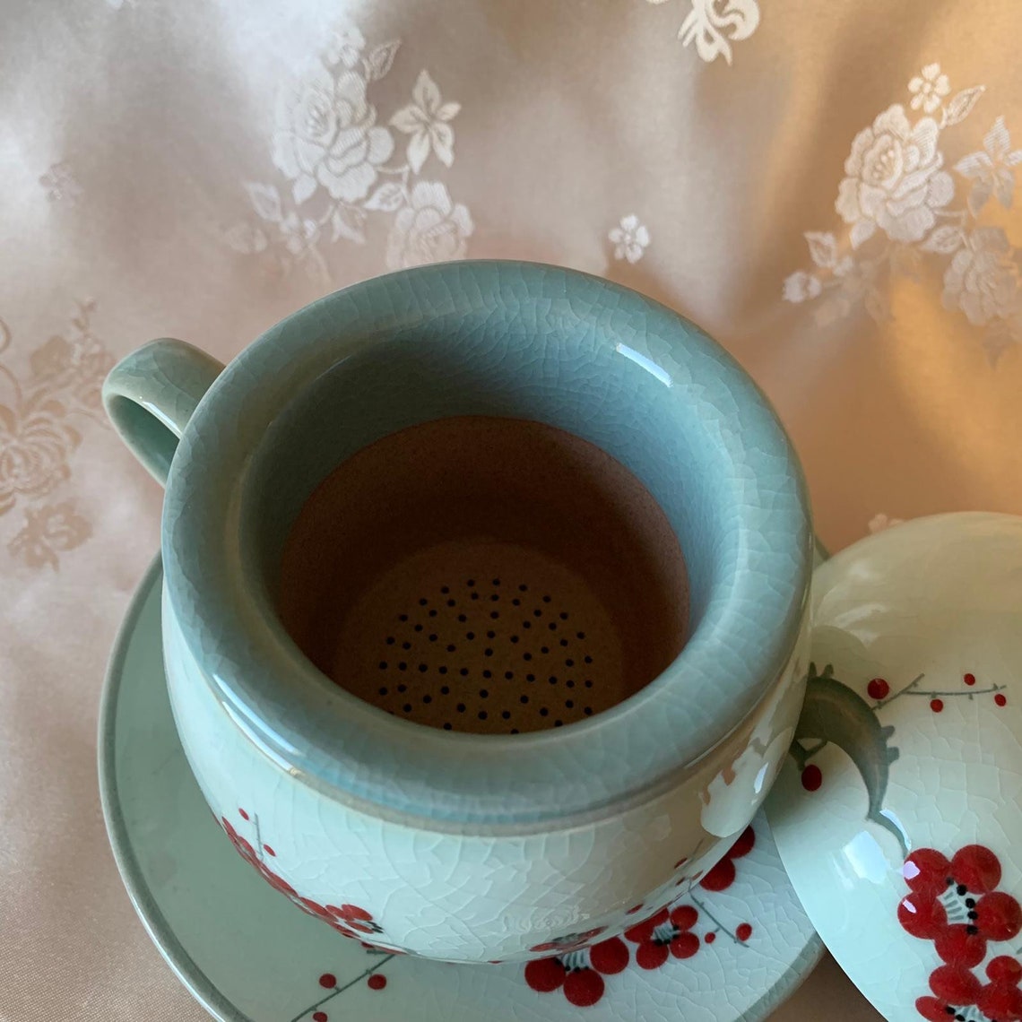 Korean traditional Celadon tea cup with plate flowers pattern Etsy