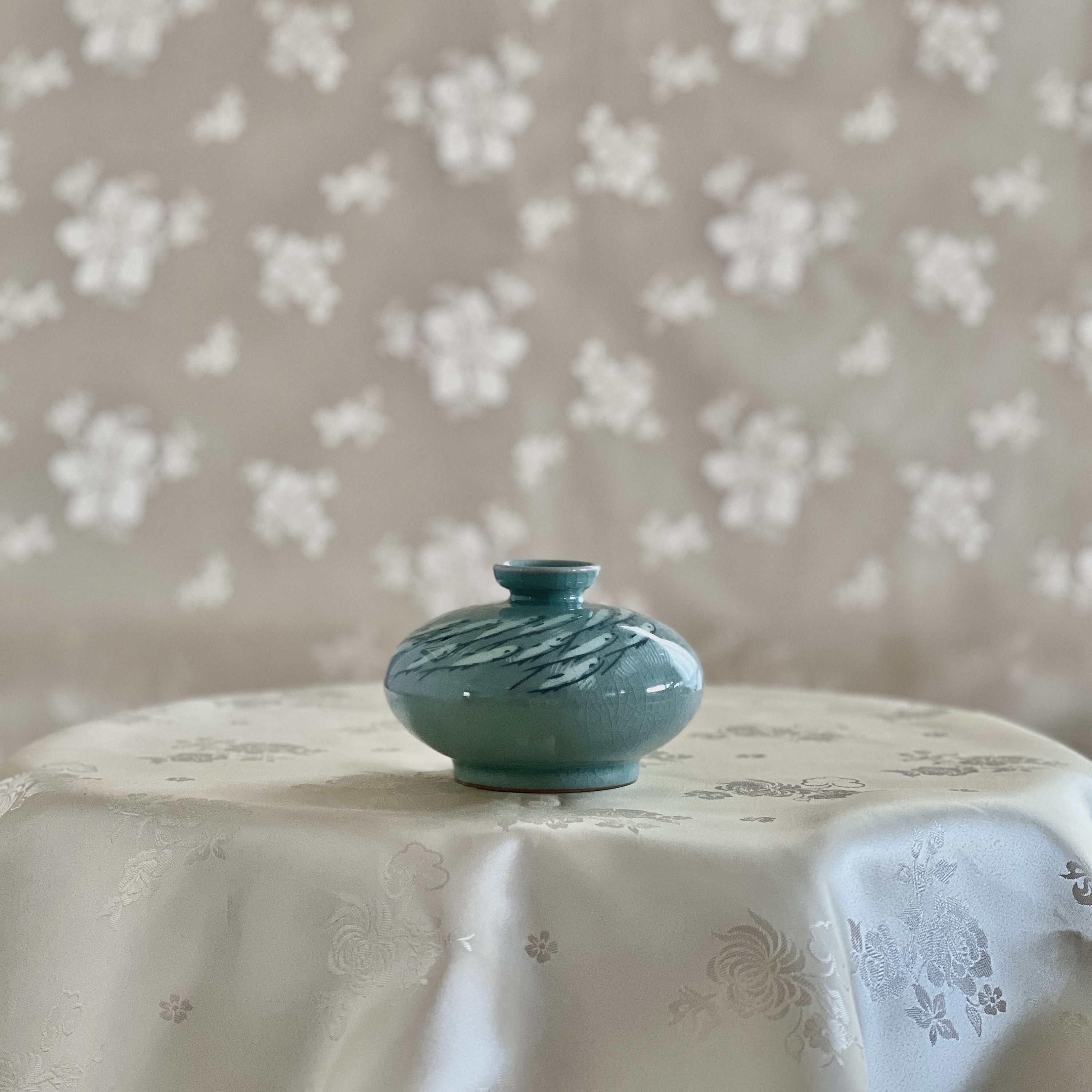 Korean Traditional Handmade Celadon Oil or Incense Vase with Inlaid Fish Pattern (청자 상감 송사리문 유병)