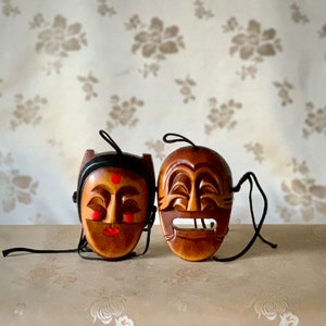 Korean Traditional Set of Two Handmade Miniature Wooden Masks for Religious Ceremonies or Dance (목재 미니어쳐 하회탈 세트)