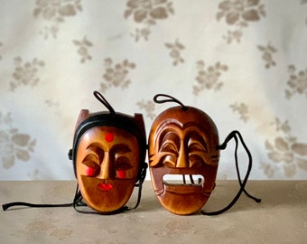 Korean Traditional Handmade Set of Two Miniature Wooden Masks for Religious Ceremonies or Dance (목재 미니어쳐 하회탈 세트)
