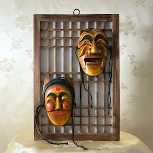 Korean Traditional Handmade Set of Two Wooden Hahoe Mask for Religious Ceremonies or Dance on Wooden Frame (하회탈 문창살 세트)