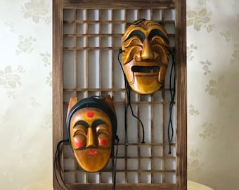 Korean Traditional Handmade Set of Two Wooden Hahoe Mask for Religious Ceremonies or Dance on Wooden Frame (하회탈 문창살 세트)