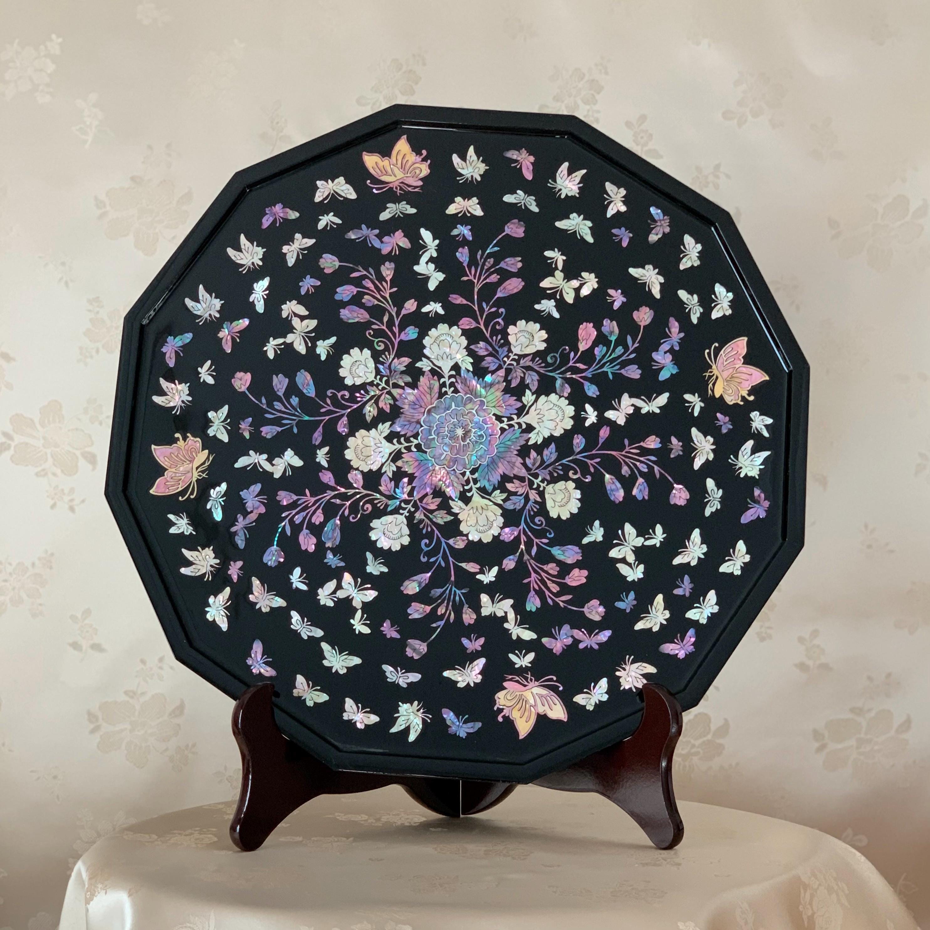 Beautiful Korean Traditional Handmade Mother of Pearl Dodecagon Black Wooden Tray with Peony and Butterfly Pattern (자개 호접 목단문 12각 쟁반)