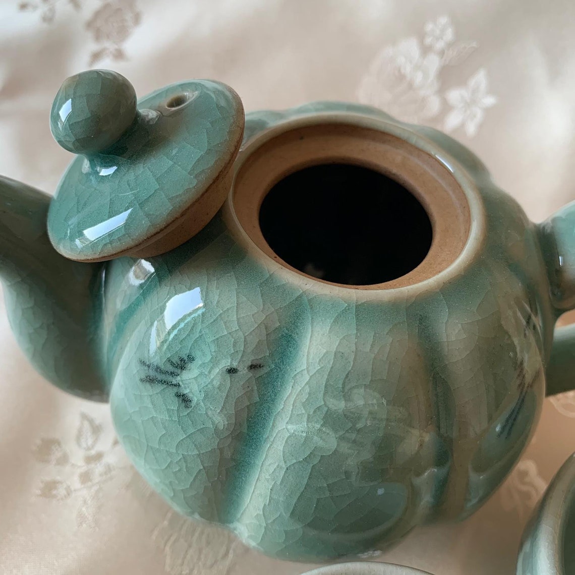 Korean traditional Celadon tea pot and cups set cranes Etsy
