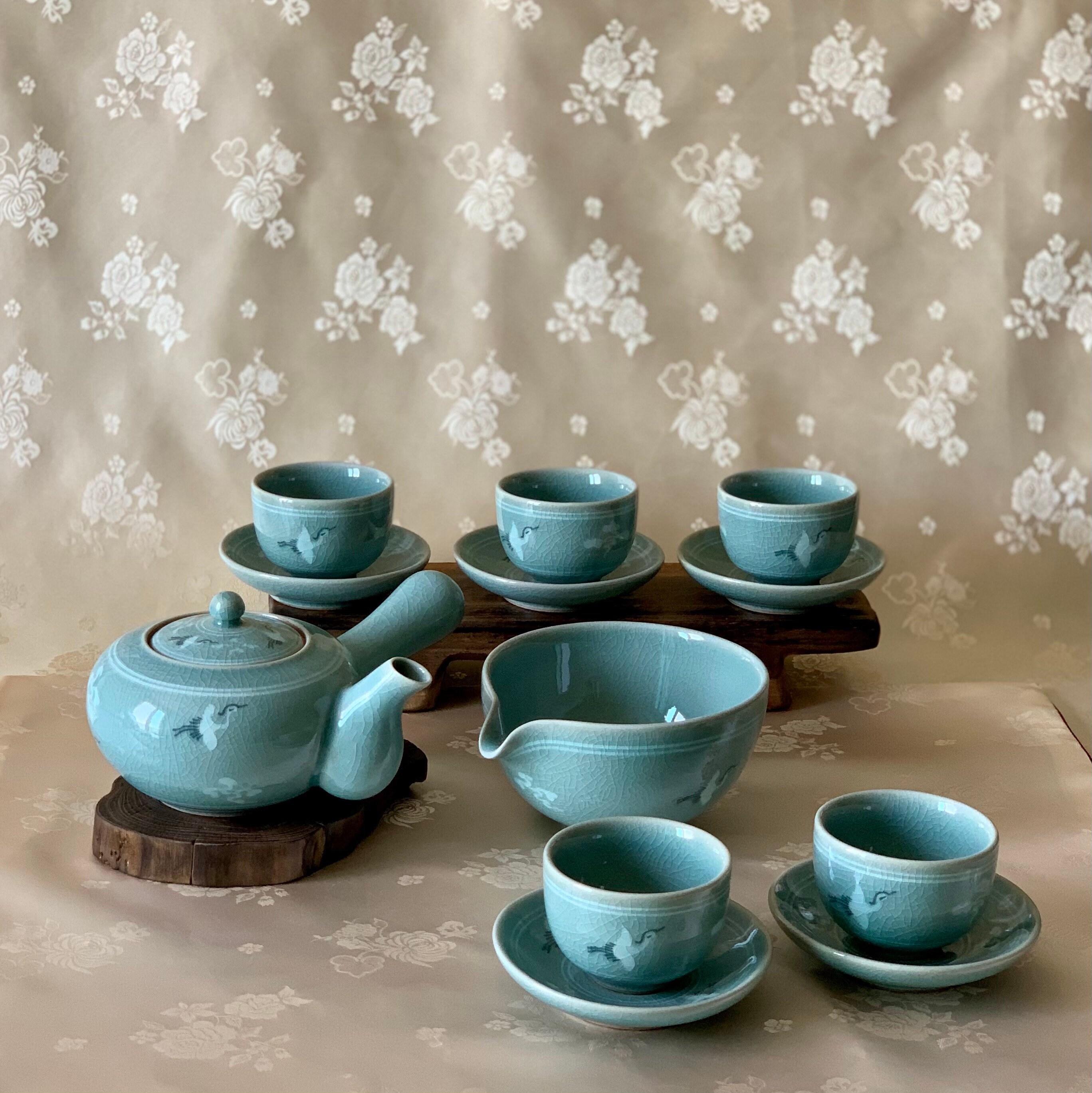 Korean traditional Celadon tea set cranes and clouds pattern Etsy