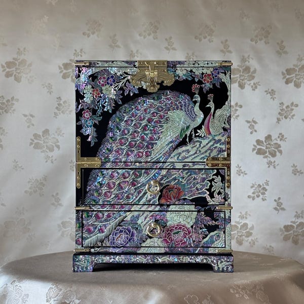 Korean Mother-of-Pearl Jewelry Chest (Bandaji): Peacock and Peony Motif