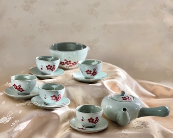 Korean White Celadon Tea Set for 5 people with Red Plum Motif
