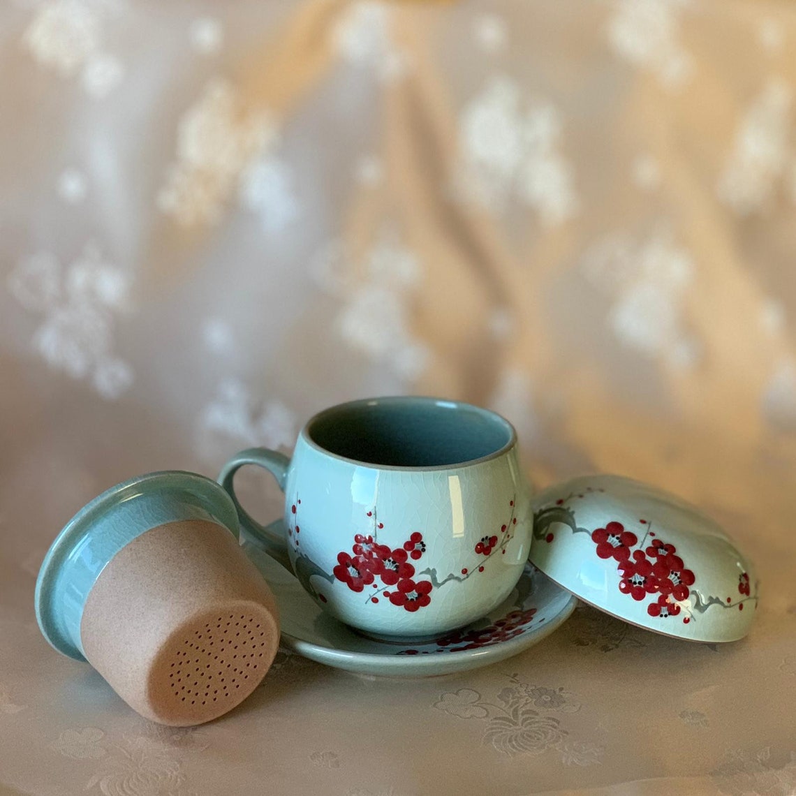 Korean traditional Celadon tea cup with plate flowers pattern Etsy