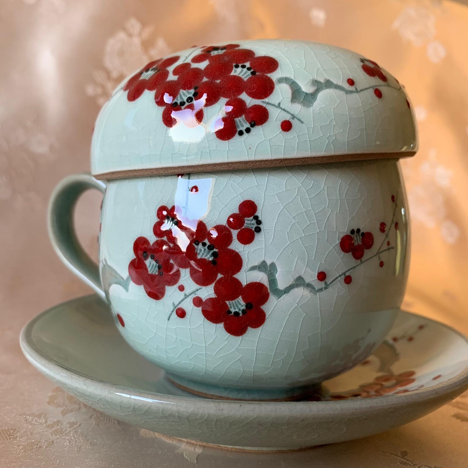 Korean traditional Celadon tea cup with plate flowers pattern Etsy