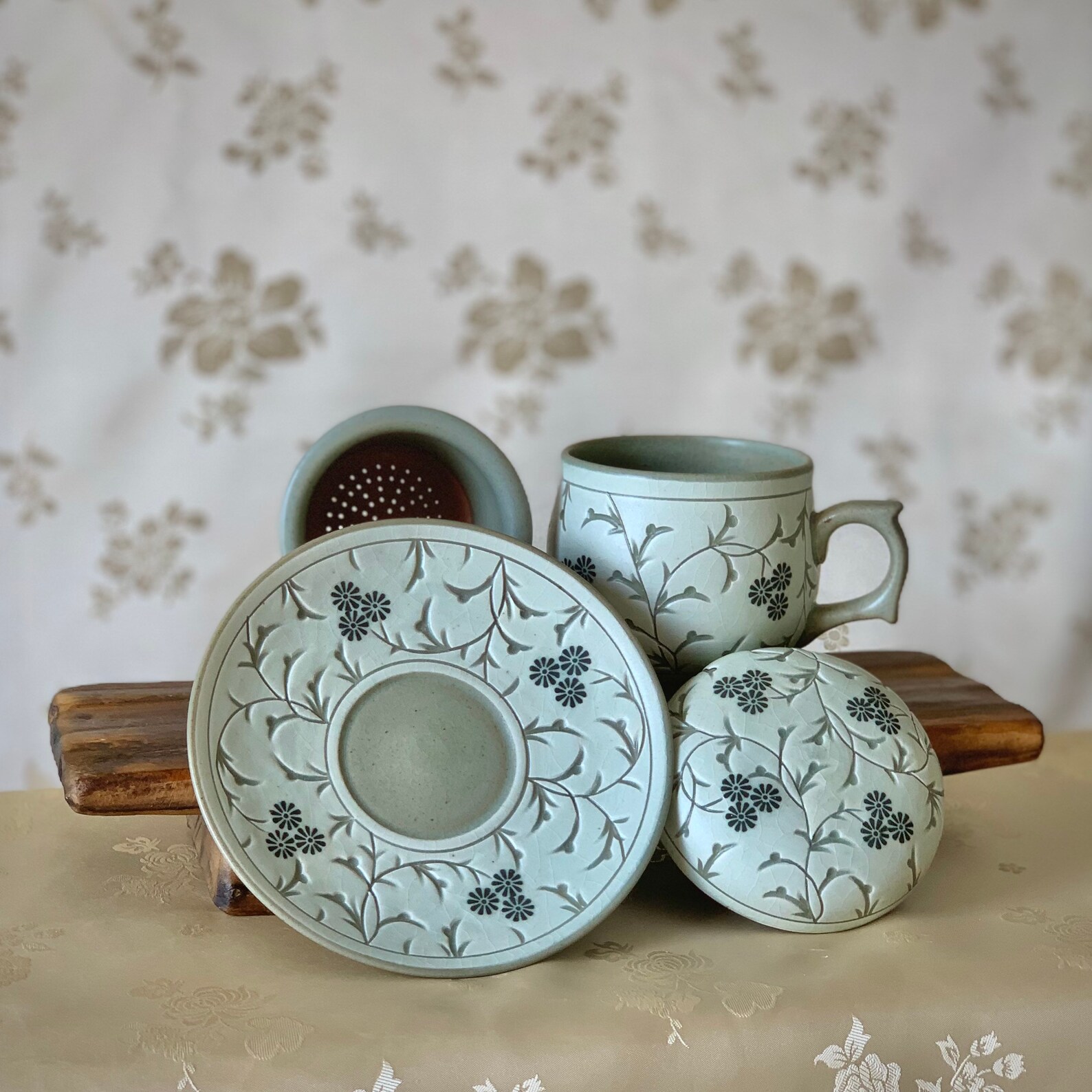Korean Traditional Tea Cup Set With Plate Blue Flowers Etsy UK