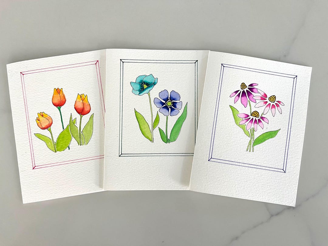 Original Hand Painted Watercolor Modern Flower Card Set - Floral ...