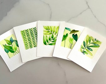 Original Hand Painted Watercolor Tropical Green Leaf Card Set- Notecard Set for Frame- Botanical Foliage Thank You Card Set