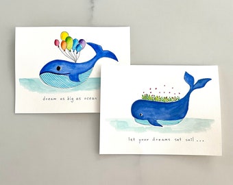 Original Hand Painted Watercolor Whale Greeting Card Set -Graduation, Encourage and Birthday for Kids Warm Message Card Set