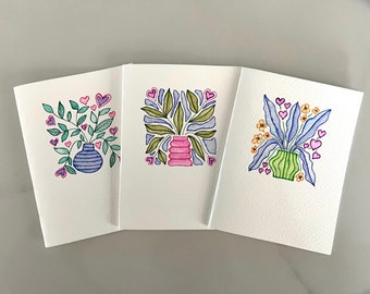 Original Hand Painted  Watercolor Valentine Flower Vase Mothers Day Card Set - Floral Anniversary, Birthday Greeting  Thank You Card Set