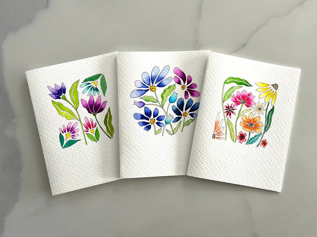 Original Hand Painted Watercolor Flower Card Set: Modern Floral ...